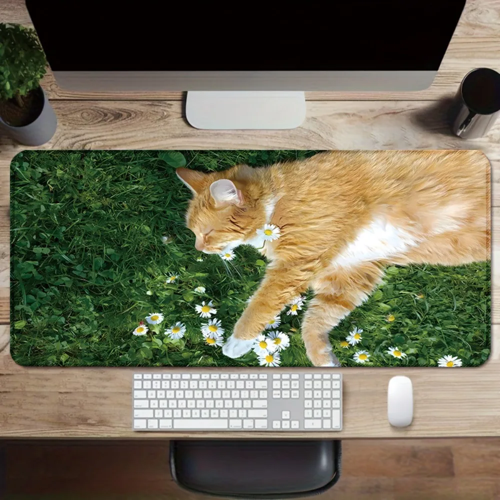Orange Tabby Cat Daisy Grass Extended Mouse Pad Cute Cozy Aesthetic Large Desk Mat Non-slip Waterproof