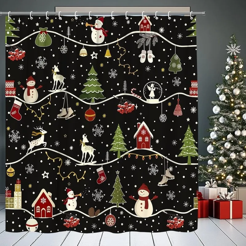 Black Snowman Deer Cabin Snowflake Winter Christmas Bathroom Shower Curtain Waterproof No Drilling Hanging with 12 Hooks