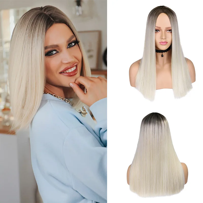 Women's wig hot-selling medium and long straight hair medium chemical fiber headgear gradual change light gold spot cosplay wig