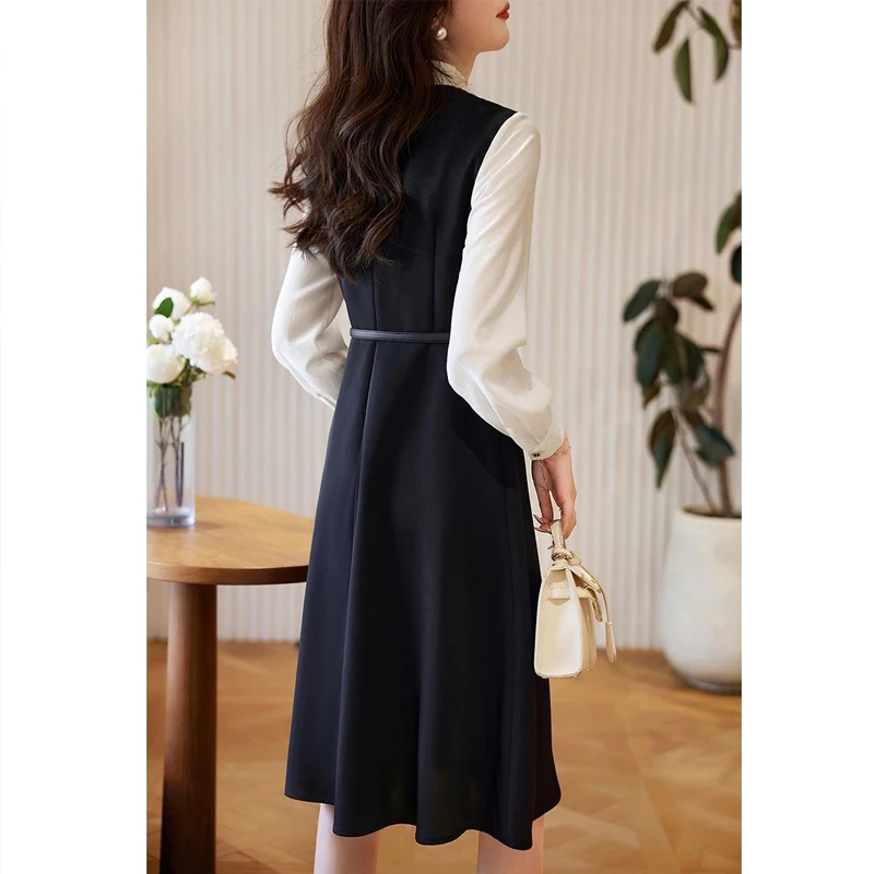 Spring Autumn Contrast Color Fashion Long Sleeve Midi Dress Women High Street Slim Elegance Patchwork Fake Two Pieces Vestidos