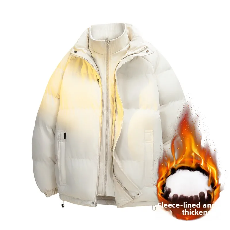 

Men's Thiened Fce Lined Windproof Cotton Jaet Bread Sle Coat Pure Color Splicing Fake Two-Piece Winter Warm Outerwear