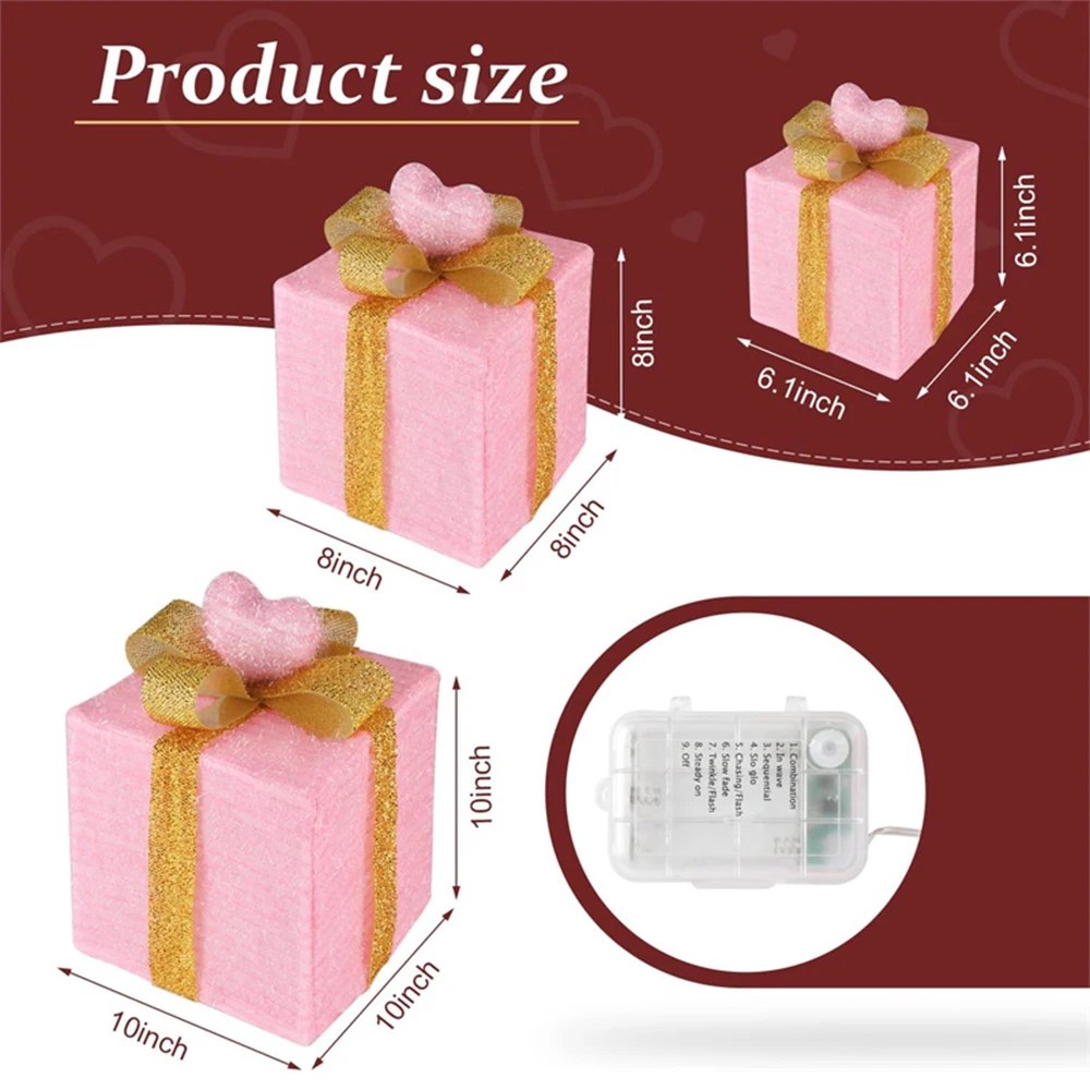 3 упаковки рождественских украшений, рождественские подарочные коробки с подсветкой и розовыми сердечками, красный блестящий бант, подарочная коробка, розовая для декора комнаты, подарки