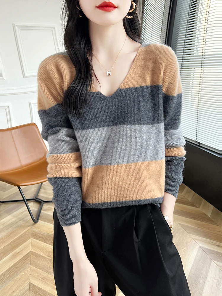 Spring/Autumn Winter New Cashmere Women's V-neck Knitted Hoodie 100% Merino Wool Sweater Casual Color Contrast Large Korean Tops