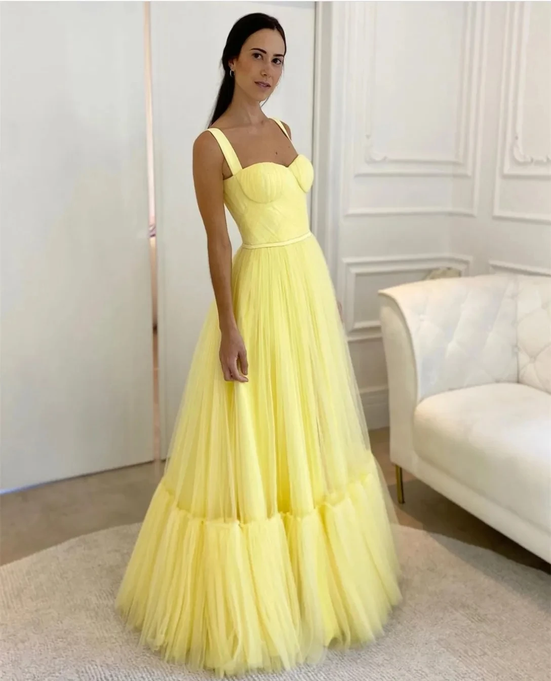 

Romantic Yellow Tulle Evening Sweetheart Dress Gown Cocktail Dresses for Day and Night Party Formal Long Suitable Request Prom