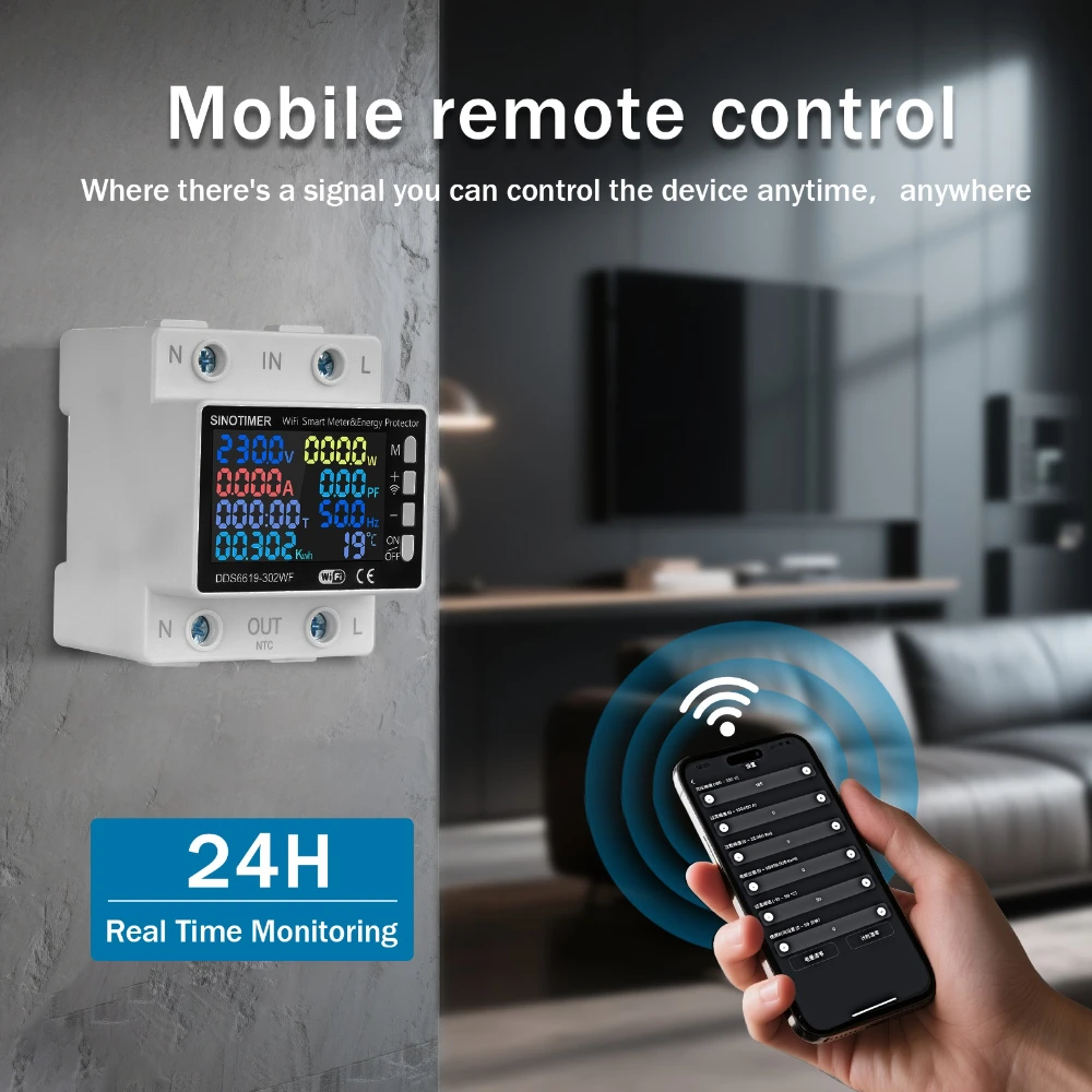 220 فولت التيار المتناوب 60A متعددة الوظائف عدادات الطاقة الذكية تويا واي فاي أكثر من تحت الجهد حامي الحد الحالي كيلوواط ساعة مقياس الحرارة
