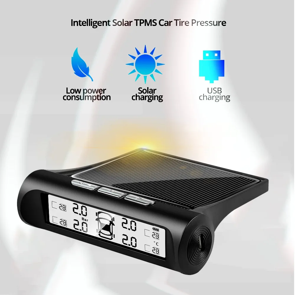Solar Car Tire Pressure Alarm 4 External Sensors Wireless TPMS Monitor System Real-Time Pressure Detection LCD Display