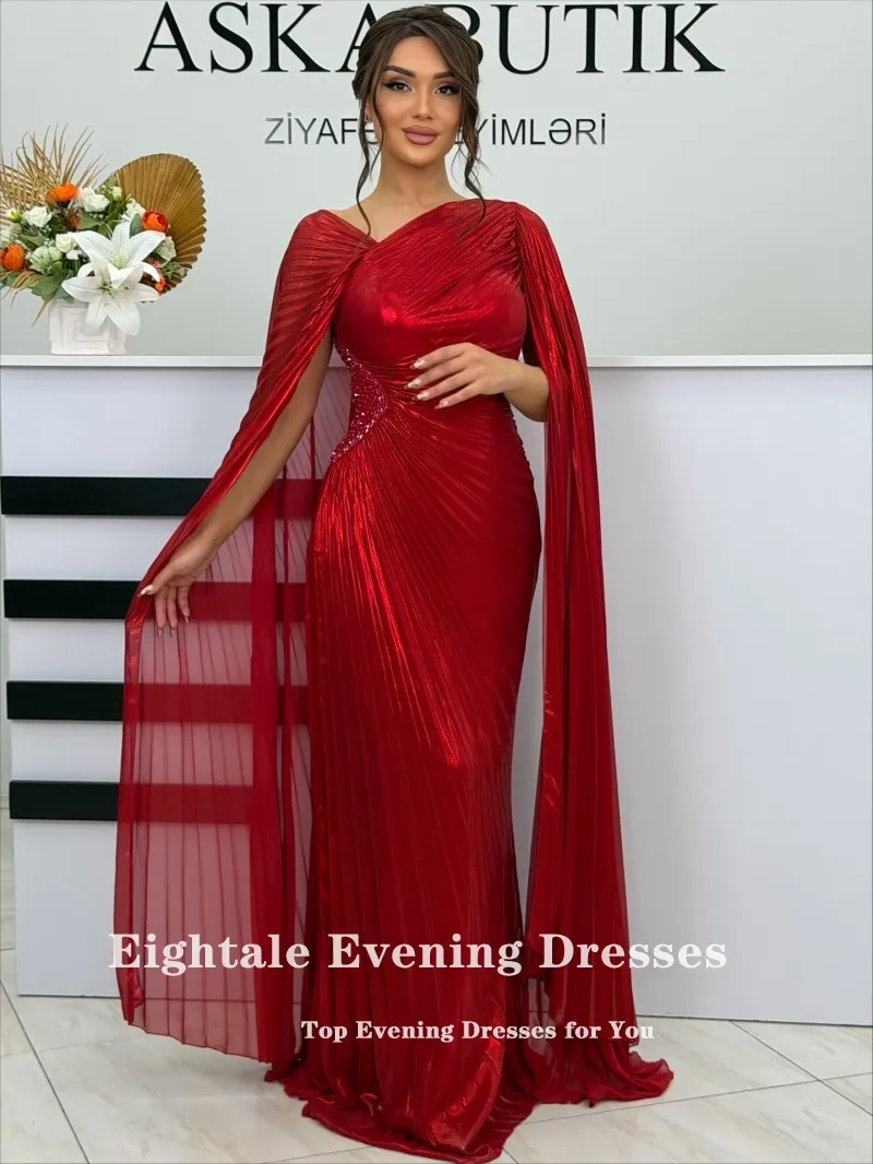 فساتين سهرة Eightale على شكل حرف v طيات طول الأرض مخصصة كريب أحمر مطرز بأكمام قصيرة للحفلات الراقصة فيستدو دي فييستا