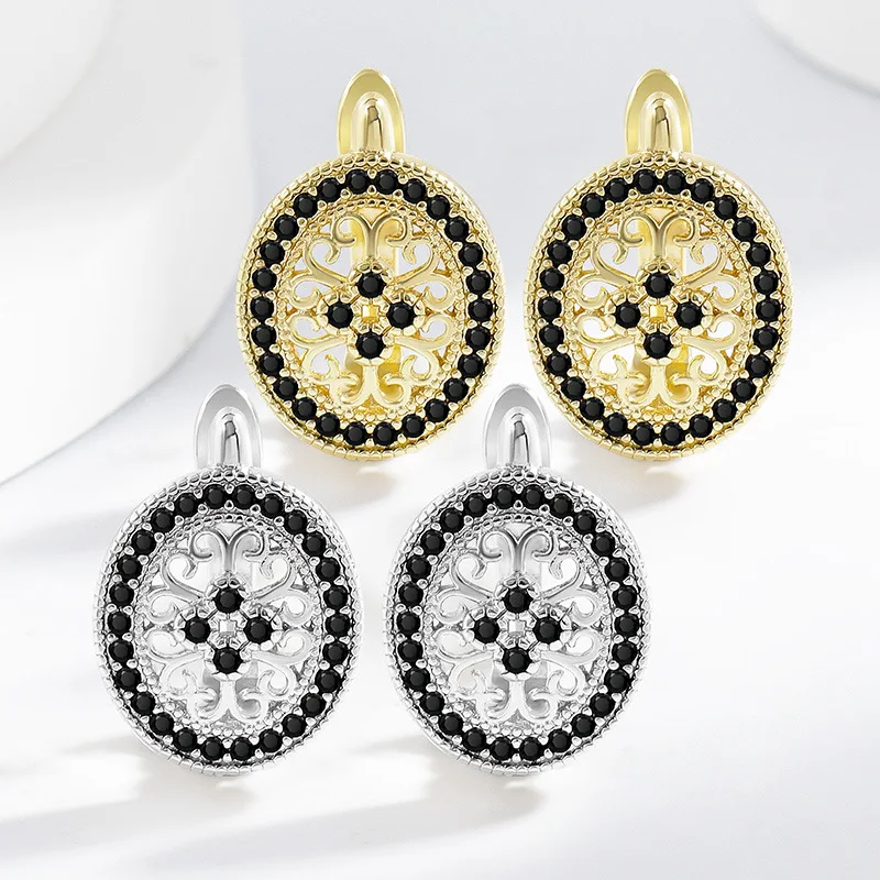 

Fashion Creative Black Zircon 925 Sterling Silver Geometric Flower Window Unique Design Sense Women Stud Earrings