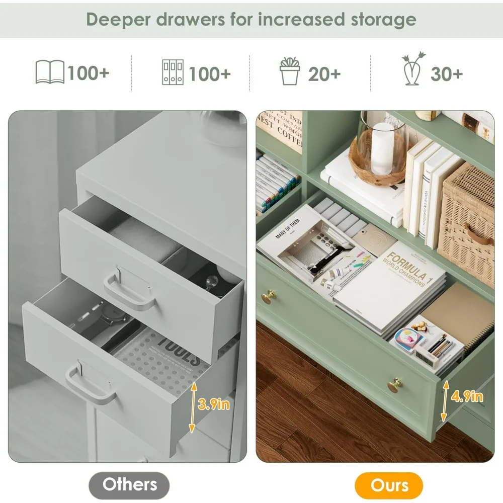 Zielony regał dwukomorowy o wysokości 180 cm, 6 półek i 4 szuflady, duży regał z otwartymi przegródkami na książki i inne rzeczy.