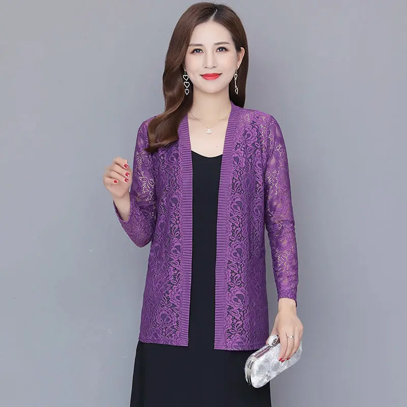 2024 Autumn Summer  6XL Hollow Lace Cardigan Women Female Cardigans Solid Color  Shawl Coat Ladies Outerwear E112