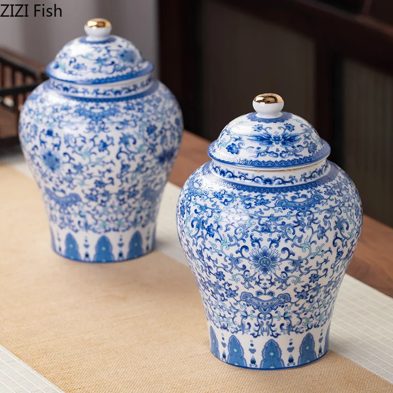 

Blue and White Porcelain General Jar Painted Ceramic Tea Canister Sealed Storage Jars Household Tea Can Candy Pots Tea Caddy