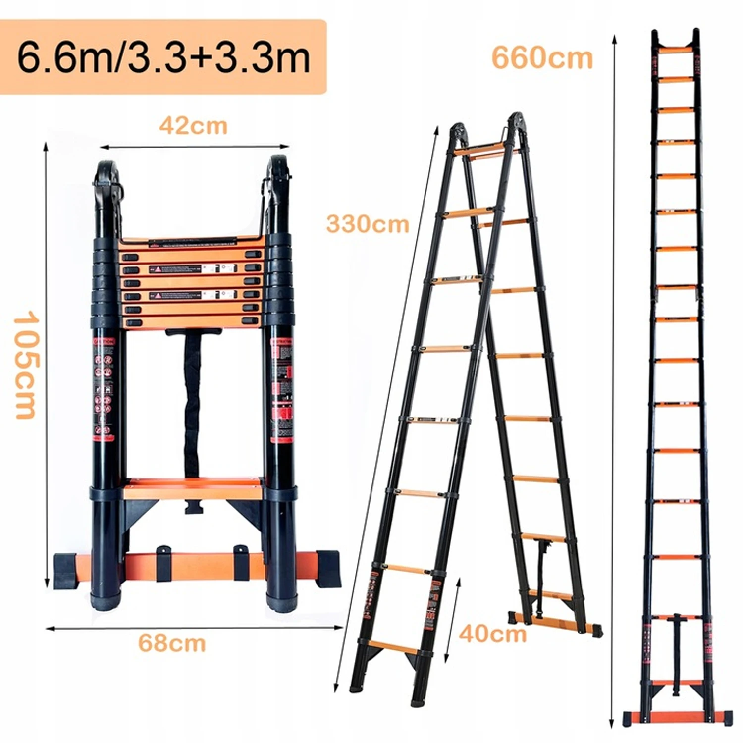 سلم تلسكوبي 5.8 م/6.6 م من الفولاذ الكربوني 19/22 قدم على شكل حرف A قابل للطي سلم محمول متعدد الأغراض مع تحميل معتمد EN131 150 كجم