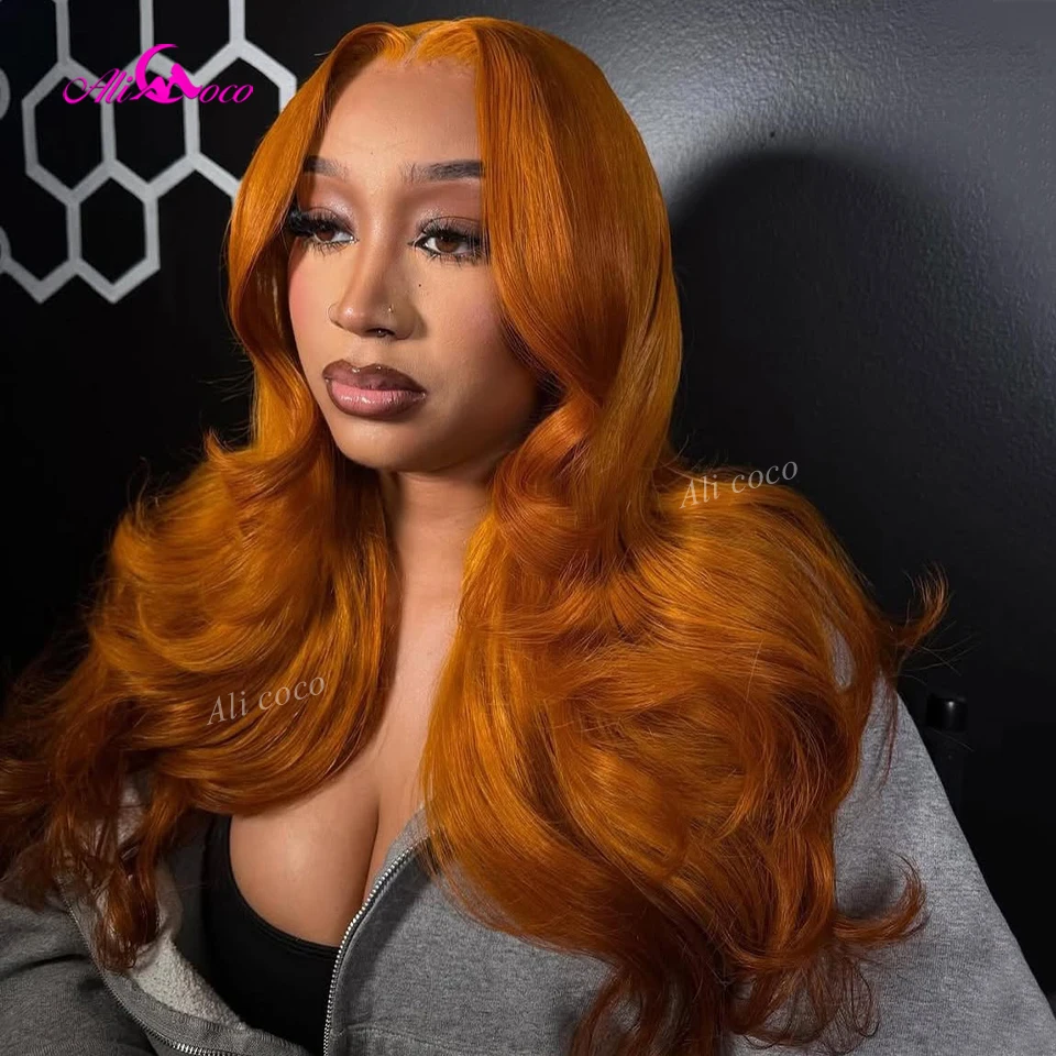 

13x6 Transparent Lace Frontal Human Hair Shiny Orange Colored Body Wave 180 Density 5x5 HD Lace Closure Wig for Women