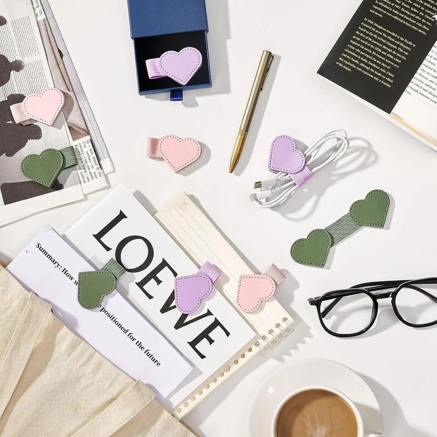 New Magnetic Bookmark Pen Holder-Non self-adhesive reusable, Heart Shaped Reading Accessory with Leather Bookmark