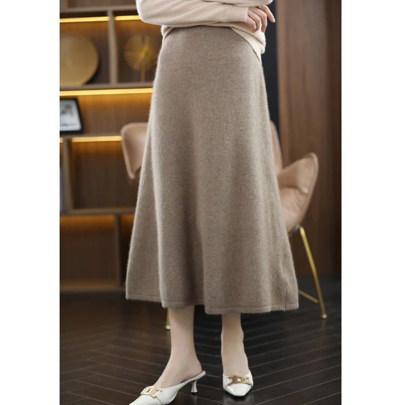 New 100% Pure Wool Knitted Skirt Women\'s Middle And Long High Waist Joker Hip A Step Skirt