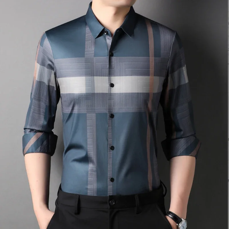 

Spring 2023 New Traceless Non Ironing Plaid Shirt Luxury Long Sleeve Slim Fit Fashion Men's Business Casual Shirt