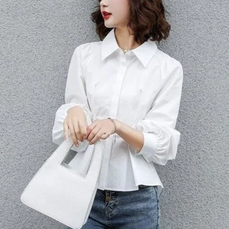 2024 Korean Fashion Commute Spring Autumn New Blouses Women Solid Color Spliced Ruched Asymmetric Button Slim Long Sleeve Shirts