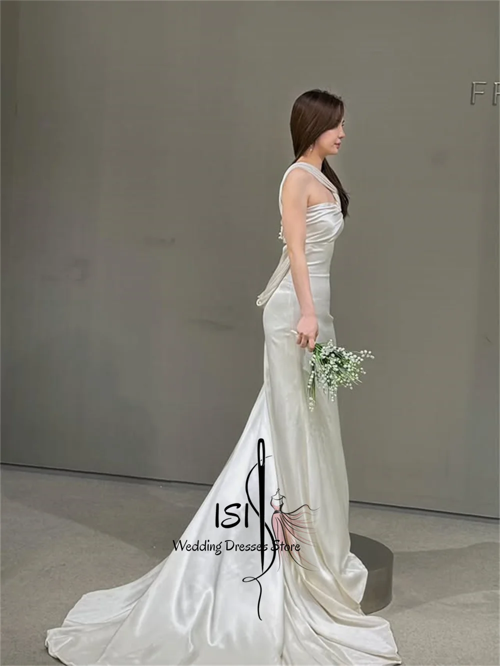 ISI Unique Collar Design A-line Korea Wedding Party Engagement Dresses Silk Satin Sweep Train Bridal Gown Customized