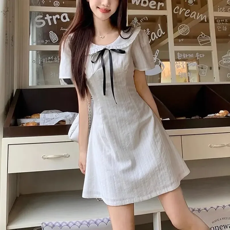 Mode Peter Pan Kraag Mini Jurk Dameskleding Zoete Strik Trekkoord Zomer Effen Kleur Elegante A-lijn Taille Jurken