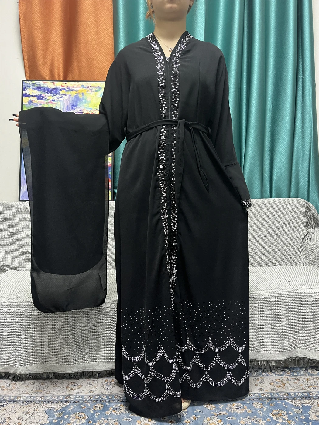 Open Abayas For Women Dubai Islam Muslim Zipper Diamond Inlaid Solid Color synthetic Royal Chiffon Loose Fit Robe With Headscarf