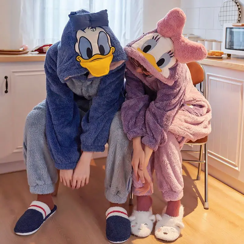 Cartoon Disney Couple Pajamas Donald Duck Winter Coral Fleece Hooded Pants Cotton Two-piece Set Male/Female Couple Pajamas