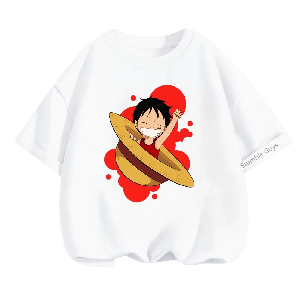 Cartoon Boys T-shirt Summer Casual Anime One Pieces Tshirt Kids Clothes Boys Tops Tee Luffy Gear 5 Girls Streetwear