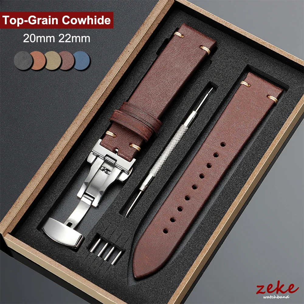 Genuine Leather Strap with Wooden Box Watch Band Butterfly Clasp Bracelet 20mm 22mm First Layer Cowhide Wrist Band  Accessories