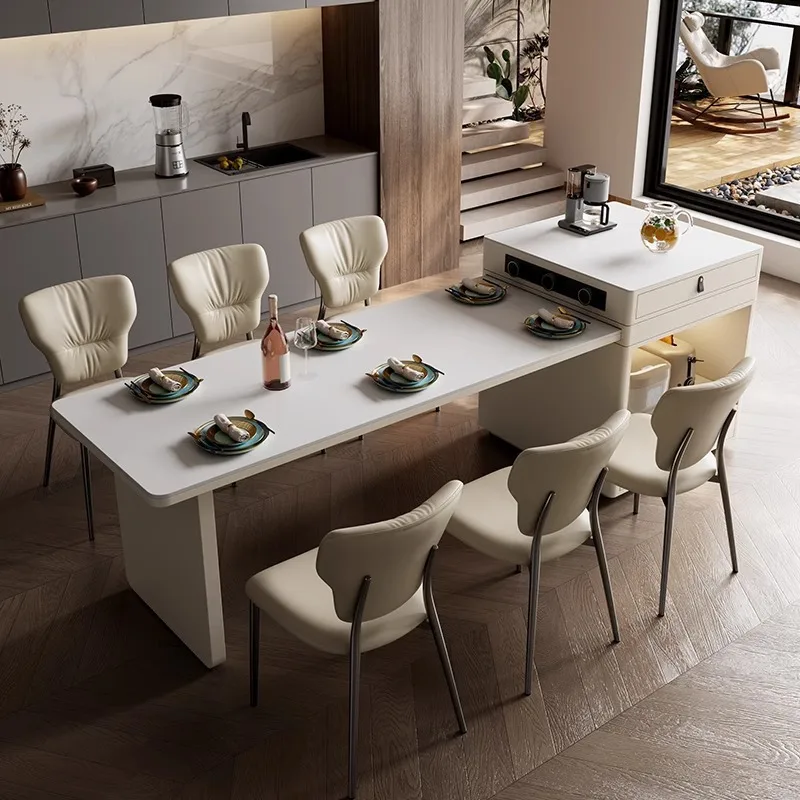 

Premium rock slab island dining table integrated household retractable French cream wind small apartment