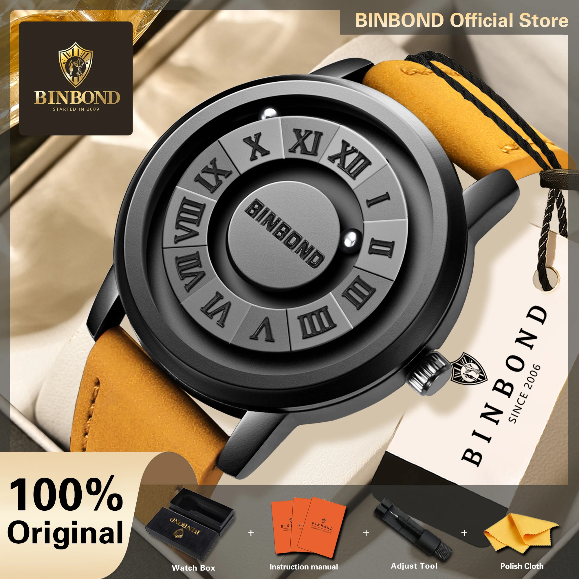 BINBOND Orginal Magnetic Force Men's Quartz Watch Waterproof Watches For Men Luxury Leather Reloj Hombre Montres Hommes +Box