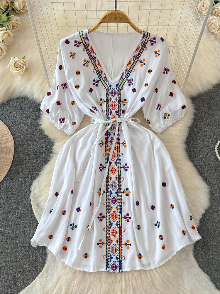 Ethnic Style Dress Summer New Style Embroidered Drawstring Mini Dress Bohemian Beach Dress A109