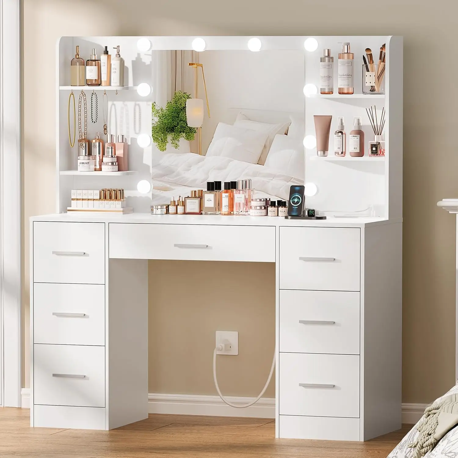 

Quimoo Large Vanity Desk with LED Lighted Mirror & Power Outlet,Makeup Vanity Table with 7 Drawers,4 Shelves and 5 Hooks