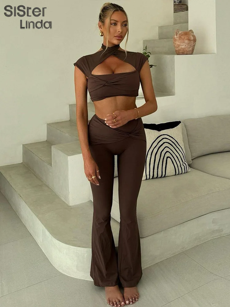 Sisterlinda Autumn Release Junior Ankle-Length High Street Pants Suit K24S54665 Girl Solid Halter Cleavage Backless Pants Suit