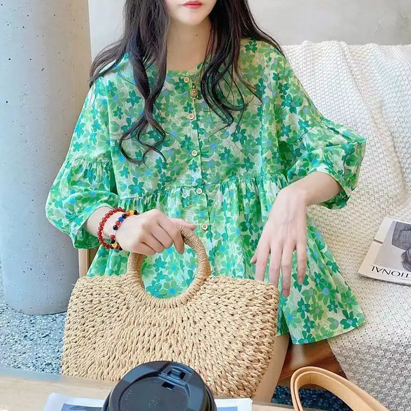 Cute Sweet Summer Women Baby Shirt New Office Lady Korean Loose Round Neck Bishop Sleeve Floral Middle Sleeve All-match T-shirt