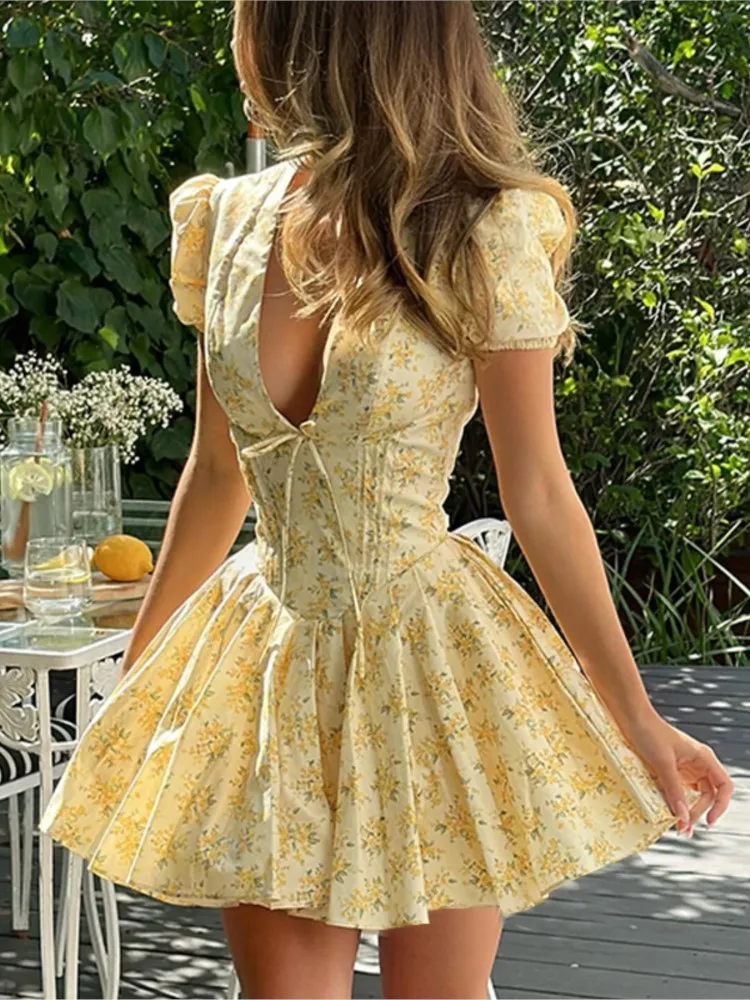 

Summer Dresses For Women V-neck Low Cut Fashion Hepburn Style Dress Elegant Temperament Trendy Vestidos French Vacation Bowknot