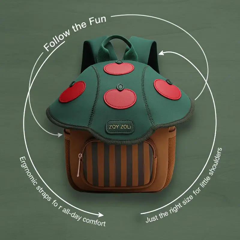Cute Mushroom Shape Kid Backpack Waterproof Toddler Daypack Adjustable Shoulder Strap School Bag For Outdoor Travel Kindergarte