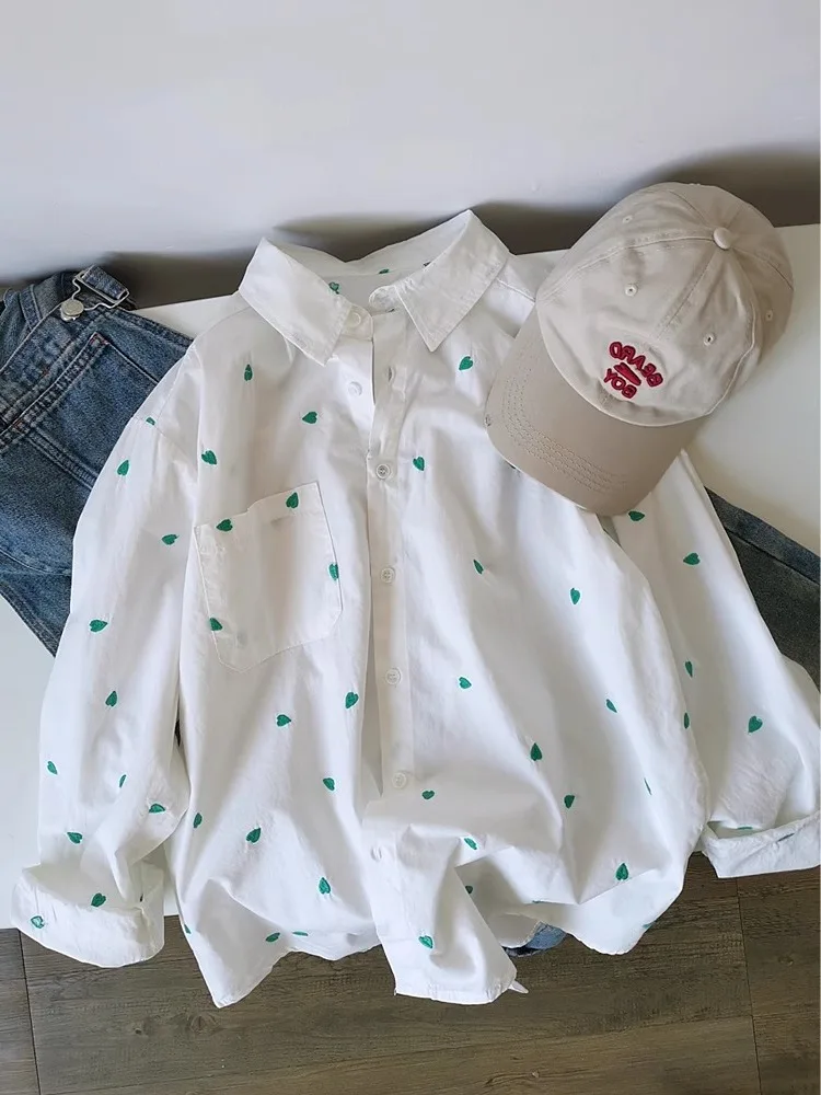 

White Heart Print Turn-down Collar irt ex Spring Autumn Vintage Versatile Slimming Casual Sle Long Sve Ne