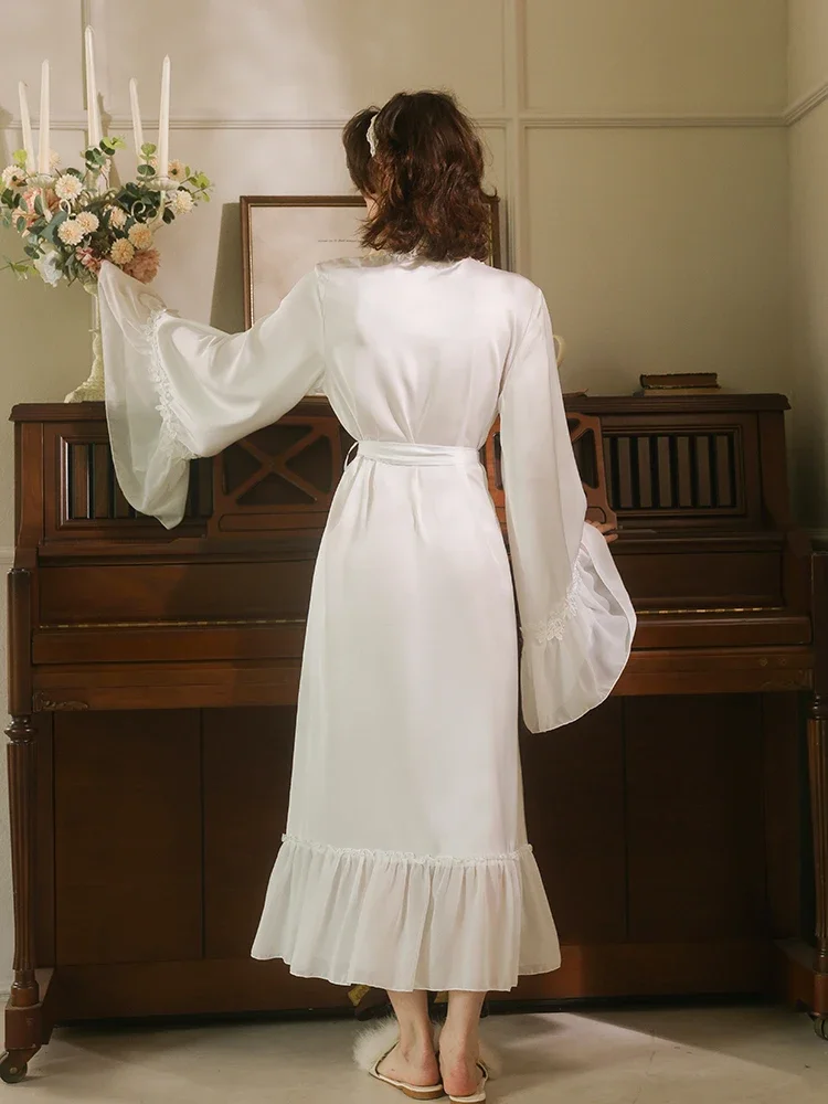 Dawnloom Women's White Lace-Embellished Long Robe with Flared Sleeves And Tie-Waist Luxury Romantic Gentle Home Loungewear