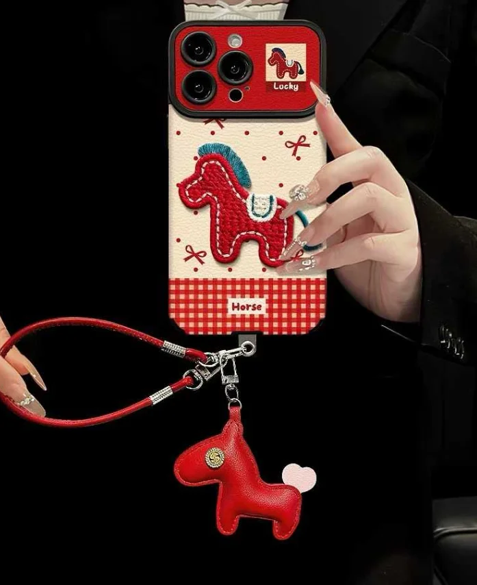 

Christmas Cartoon luck Pendant INS Cute Polka Dot Phone Case For iPhone 17 16 15 14 13 Pro Max XR XS Plus Y2K Red Rope Cover﻿﻿