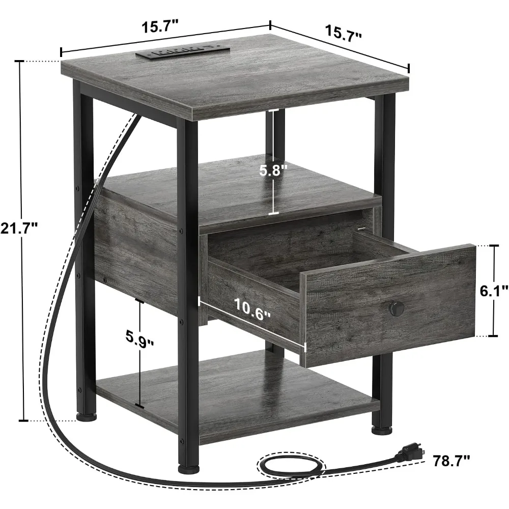 Nightstand Set com Estação de Carregamento, Mesa de Cabeceira com Porta USB, Modern Nightstand, End Table, Conjunto de 2