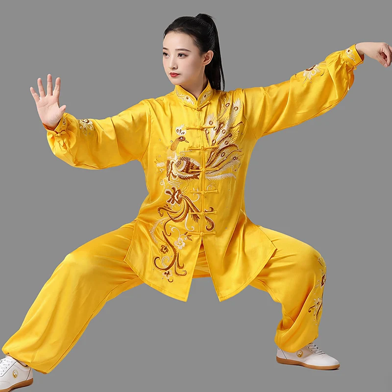 Women's Unisex Custom Tai Chi Suit Golden Phoenix Embroidery Baduanjin Martial Arts Performance & Competition Team Training Wear