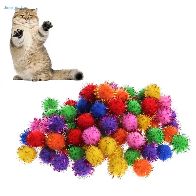 100 Uds. Mini bolas oropel con purpurina coloridas y brillantes, bola pequeña con pompón para juguetes para gatos