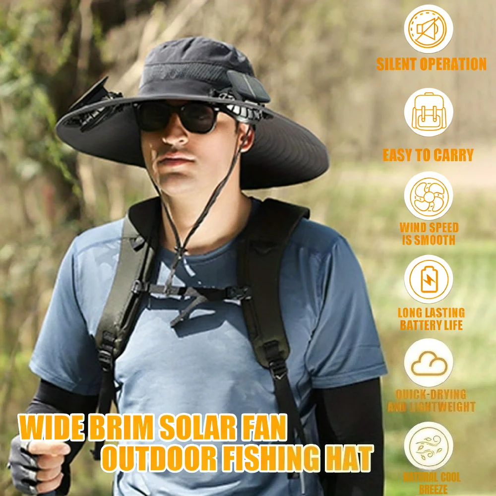 Cappello da sole a tesa larga con doppia ventola ad energia solare, cappello da pesca traspirante con inserto in rete e cinturino regolabile per il mento, ideale per attività all’aperto come pesca,