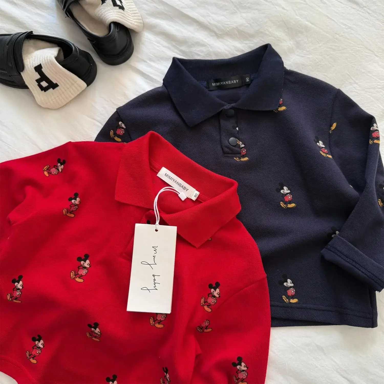 

New Baby Boy Girls Polo Shirt 2025 Spring Autumn Children Cartoon Mickey Mouse Print Lapel Long Sleeves T-Shirt Kids Cotton Tops