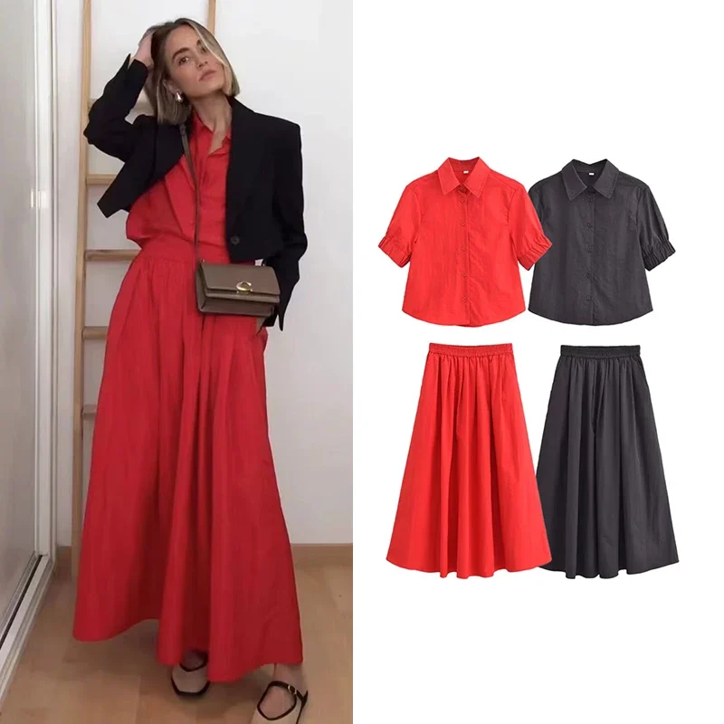 

Summer Women Elegant Skirt 2 Piece Set 2024 New Chic Casual Elastic Waist Skirts Button Up Shirt Sets Women Street Holiday Suits