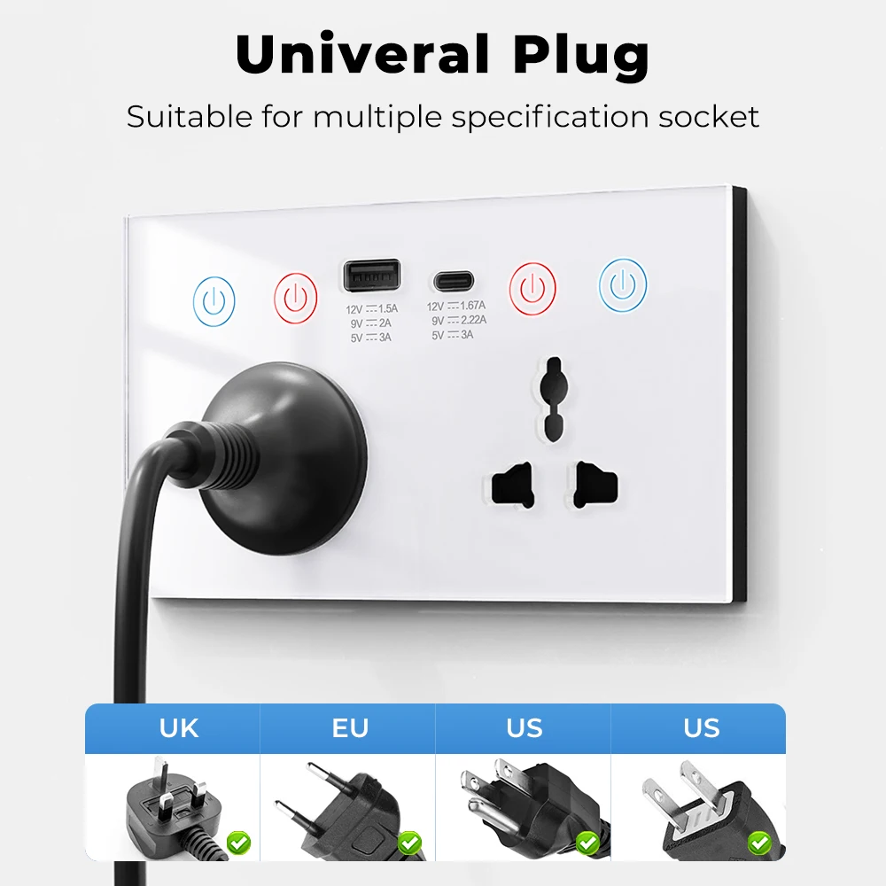 SMATRUL-Wi-Fi壁コンセント,USBおよびType-Cポート,3A,US, EU, UK,電源モニター,10A