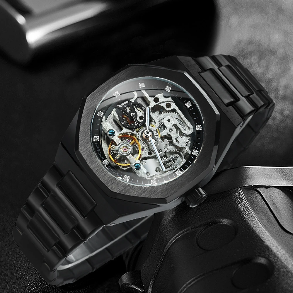 Forsining Irregular Luxury Skeleton Automatic Mechanical Watch for Men Fashion Diamond Luminous Tourbillon Watches Steel Strap