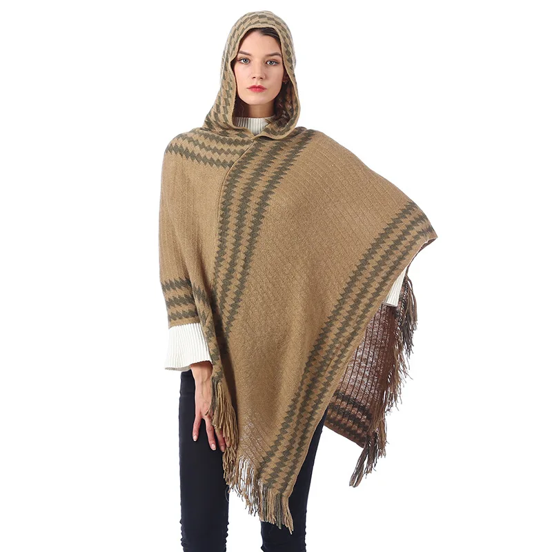 Women Spring Autumn Poncho Lady Knitted Hoodies Wrap Striped Pullover Loose Sweater with Tassel Fall  Shawl Wholesale Drop Ship