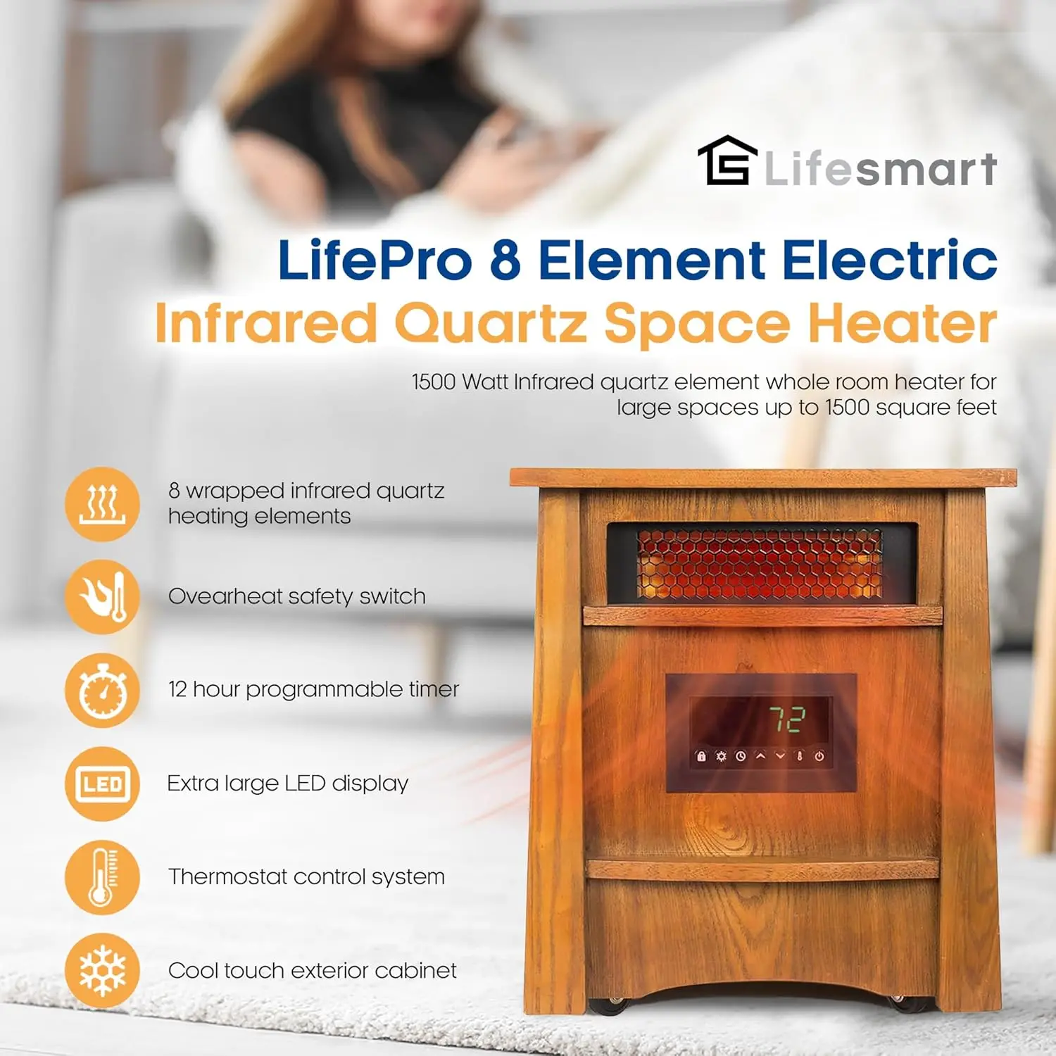 LifePro Ultimate 1500 Watts Electric Infrared Quartz Space Heater with Remote and 8 Heating Elements for Indoor Use