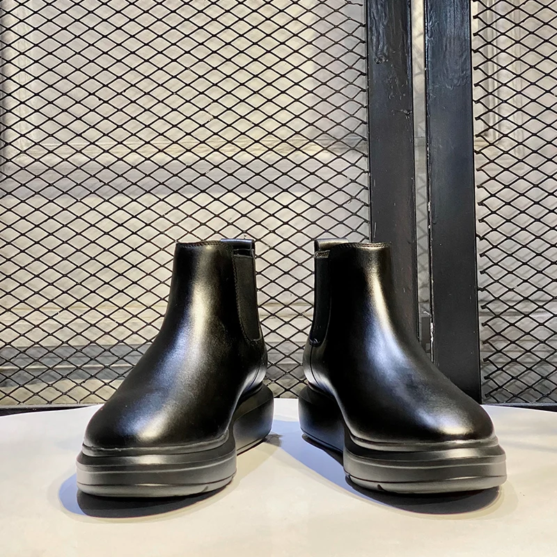 Simple Stylish Men Shoes Thick Sole Genuine Leather Chelsea Boots Youth Cowhide Outdoor Ankle Boots Casual Dress Ankle Shoes