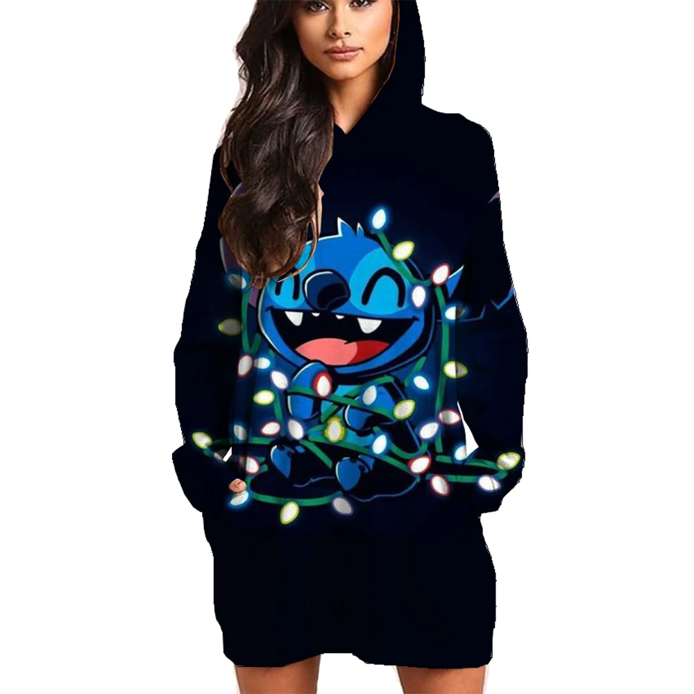 Women's New Printed Disney Stitch Hoodie Sweater Dress Casual Street Simple Wind Fashion Birthday Gift Sweater Dress Top